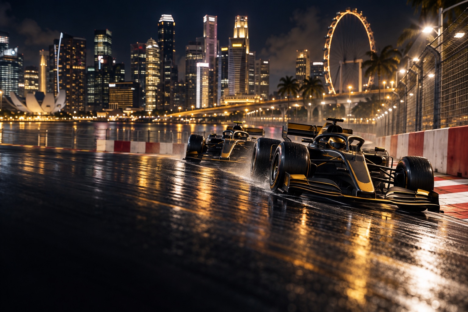 Monoposto di Formula 1 in curva di notte sul circuito cittadino di Marina Bay, immagine editoriale illustrativa