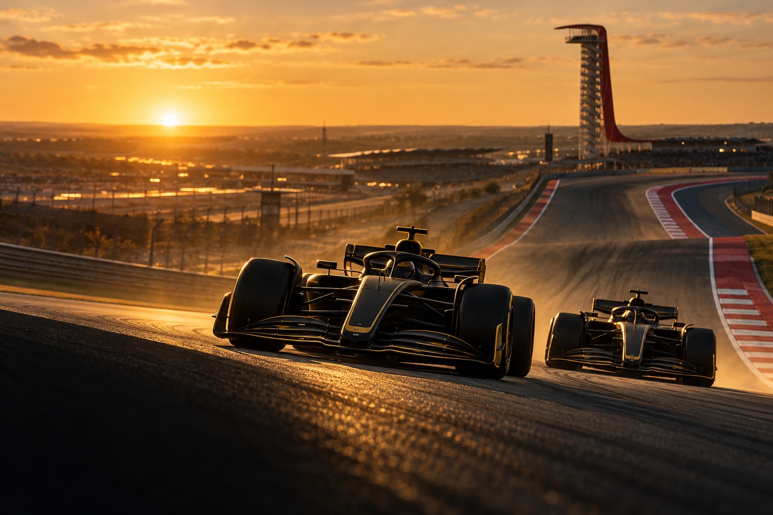 Due monoposto di Formula 1 sulla salita della prima curva di Austin al tramonto, immagine editoriale illustrativa